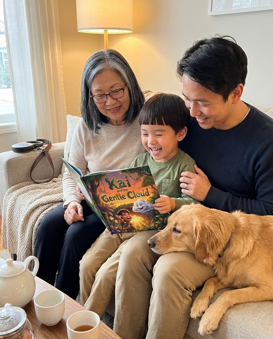 Three generations of a family and their dog looking at a personalized Story Genie hardcover together