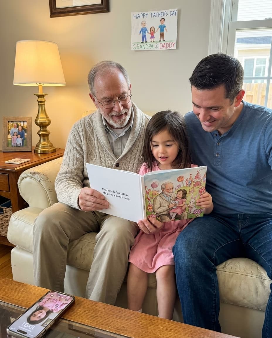 Three generations of a family reading a Story Genie hardcover together
