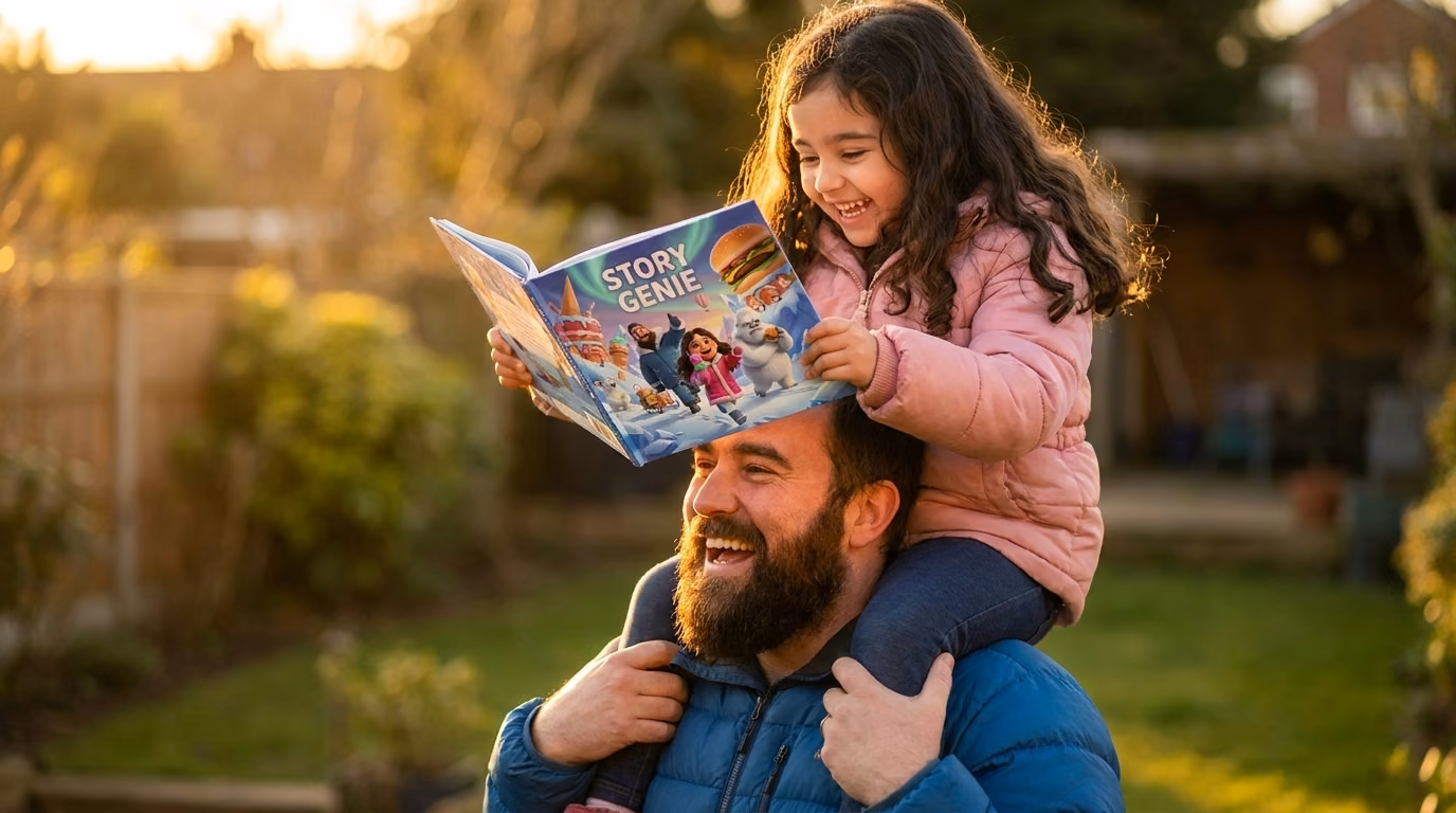 A girl on her father's shoulders holding her personalized book open, golden hour
