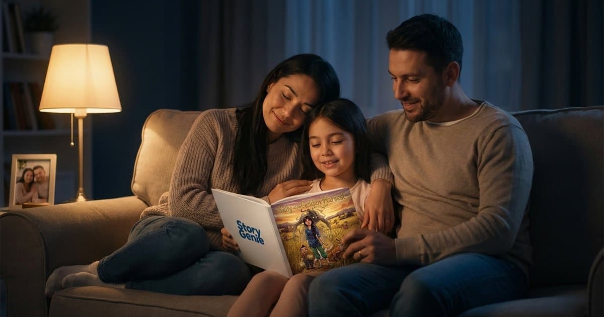 A family laughing together on a sofa while looking at old photos.