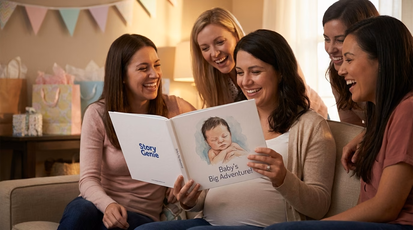 Friends at a baby shower gathered around an open personalized baby book