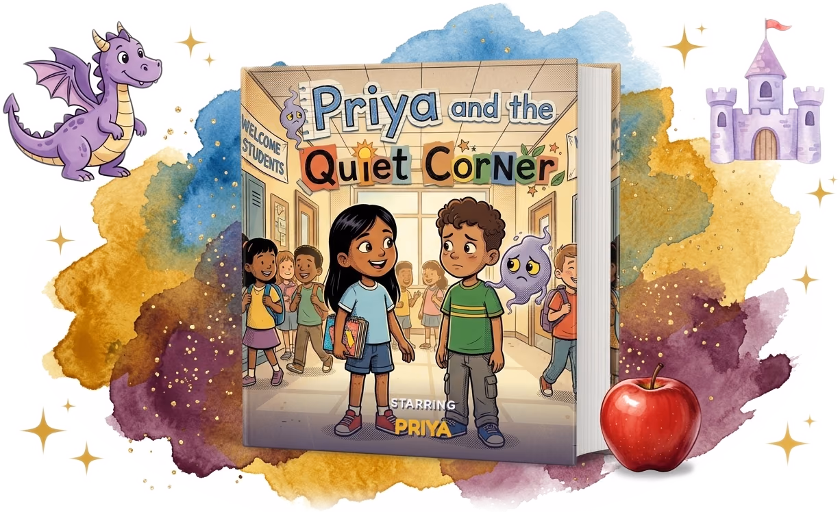Priya and the Quiet Corner, a real personalized back-to-school hardcover made with Story Genie