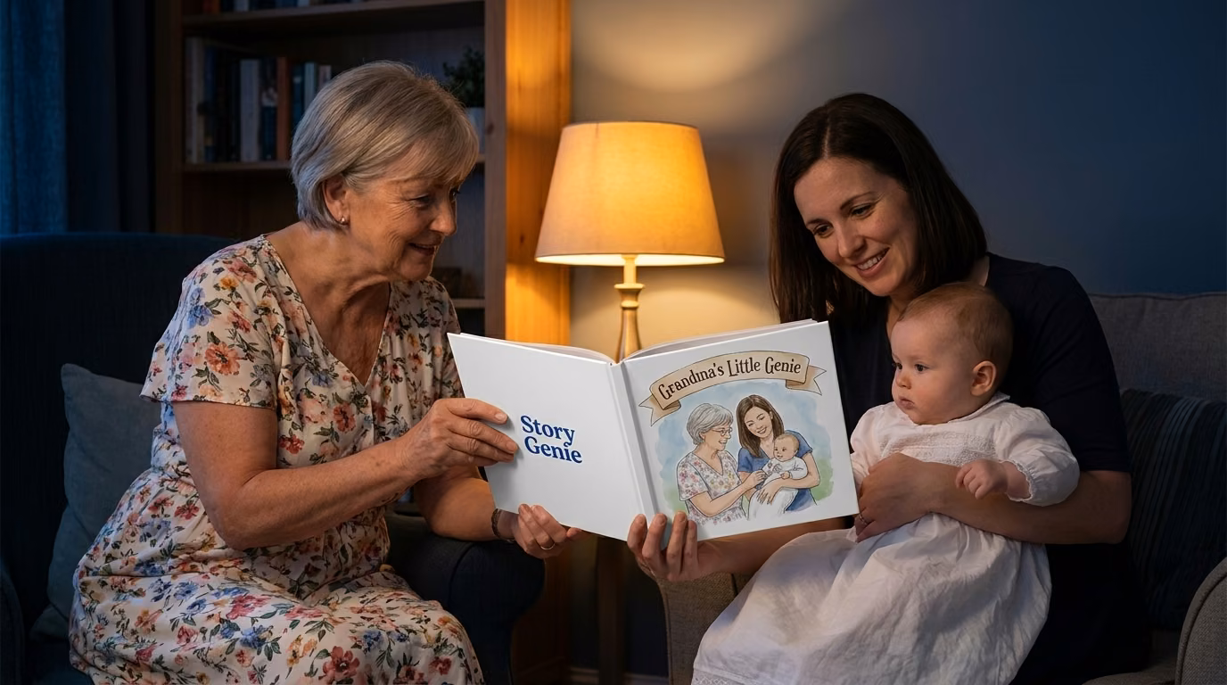 A grandmother and mother with a baby in a white gown sharing a personalized keepsake book