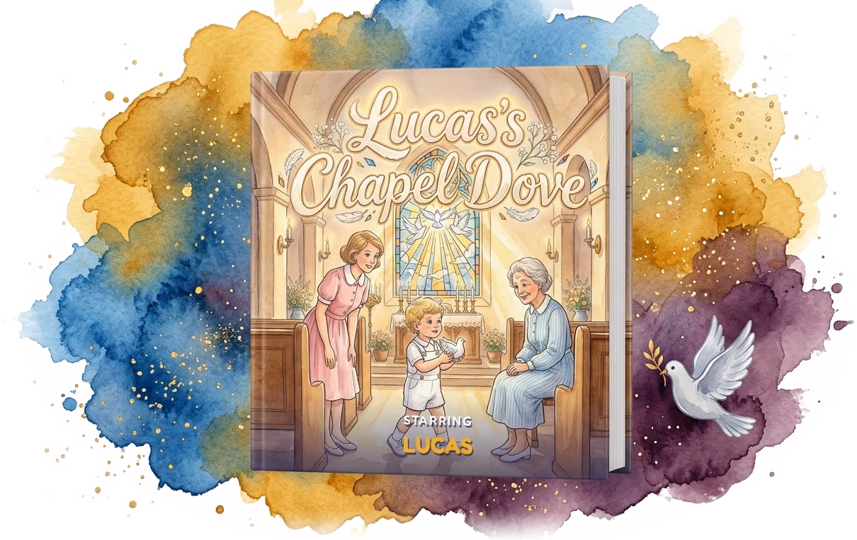 Lucas's Chapel Dove, a real personalized baptism hardcover made with Story Genie