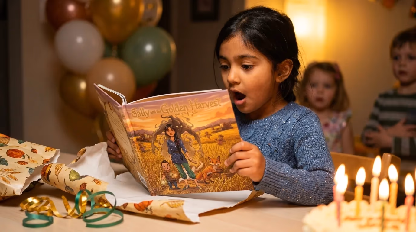 A girl at her birthday party opening her personalized birthday book, mouth open, with candles and balloons around her