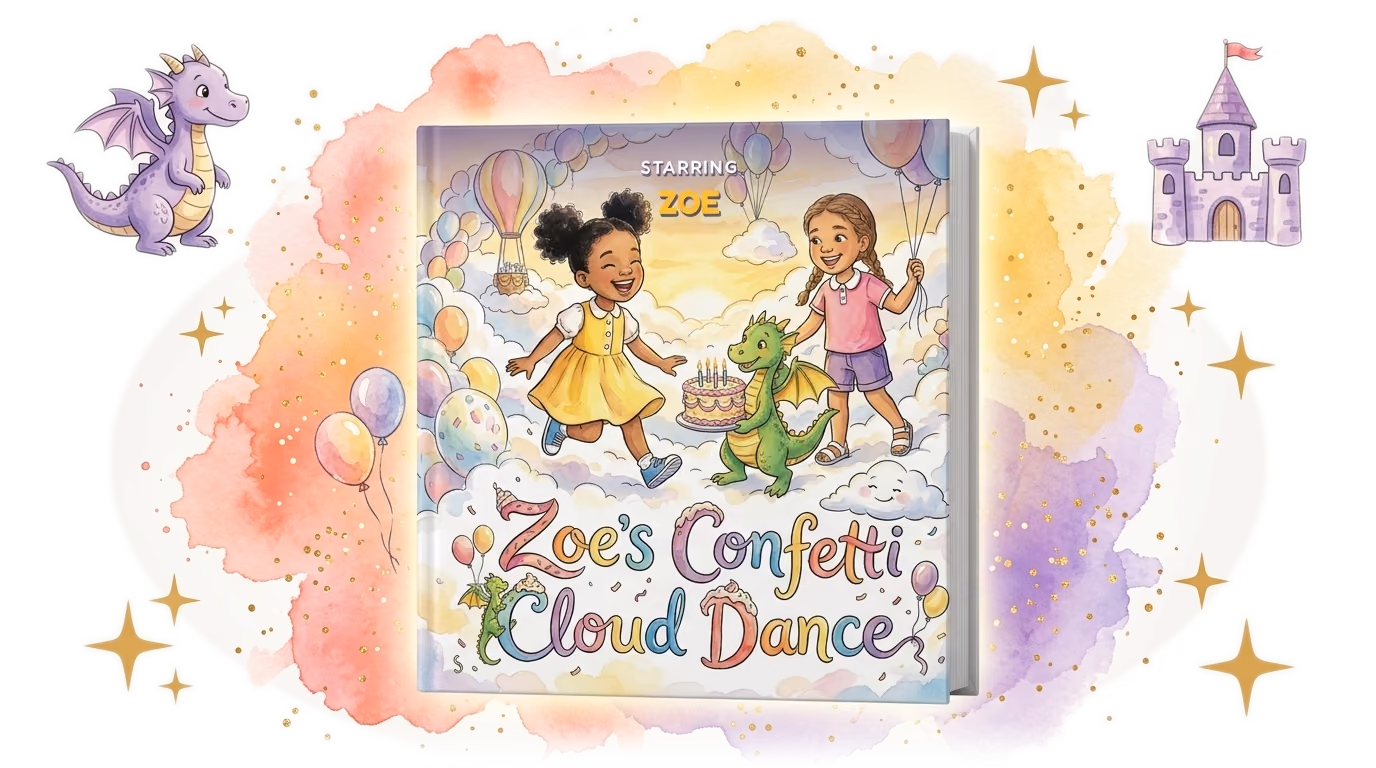 Zoe's Confetti Cloud Dance, a real personalized birthday hardcover made with Story Genie