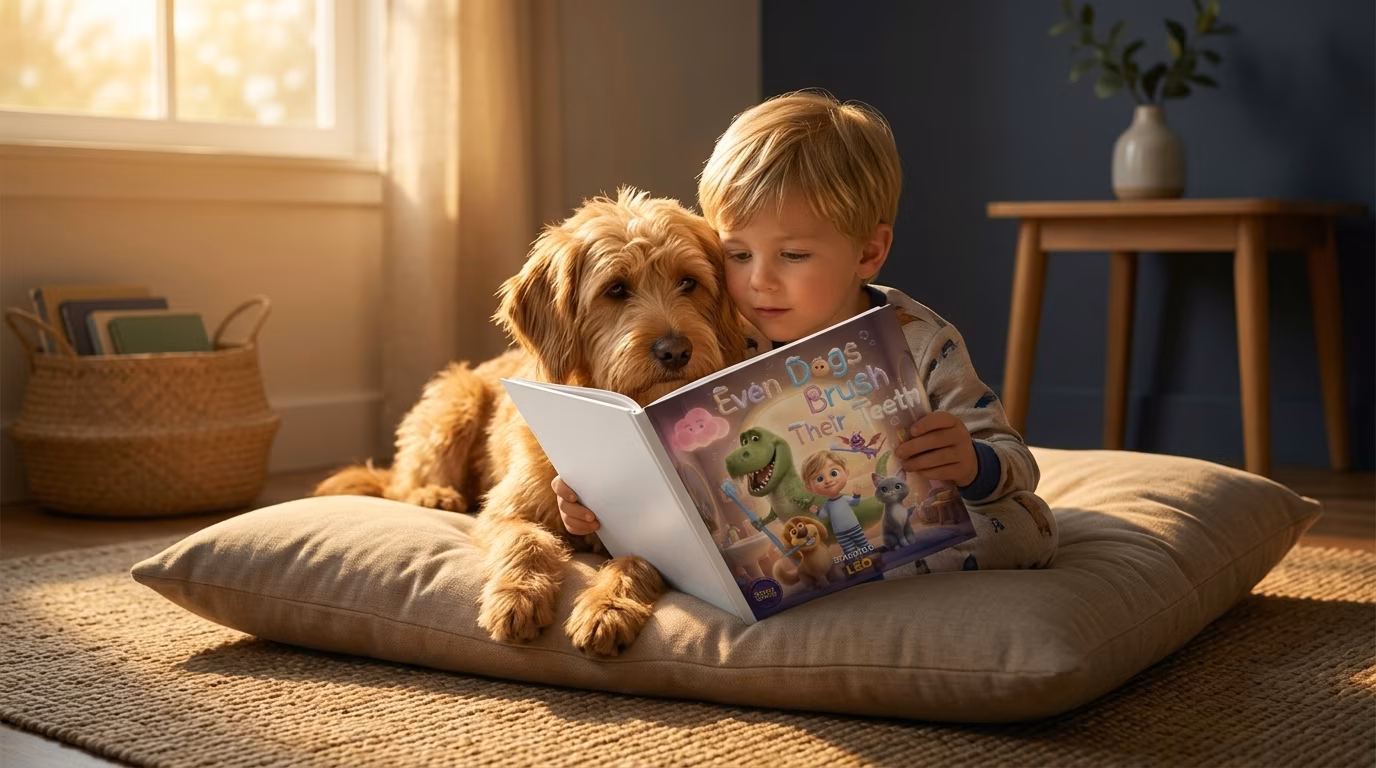 A boy curled up on a floor cushion with his scruffy dog in warm afternoon light, both looking at his personalized book with the dog on the cover