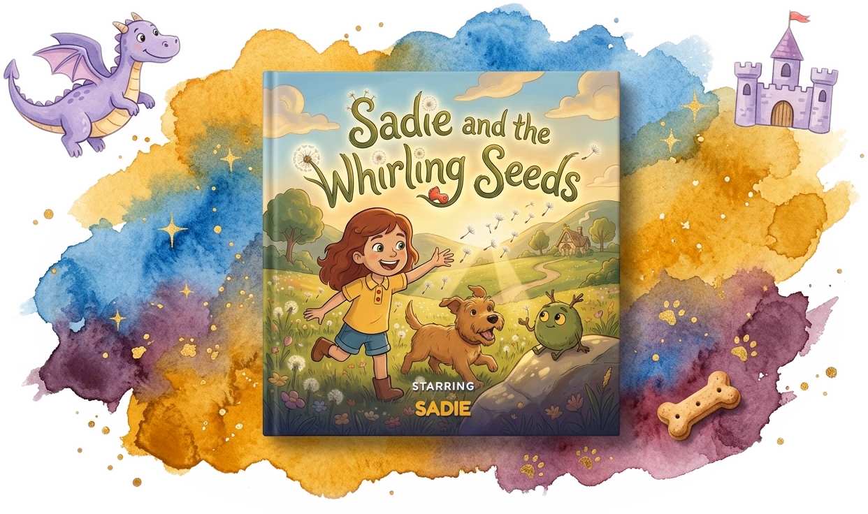 Sadie and the Whirling Seeds, a real personalized hardcover starring a girl and her dog, made with Story Genie