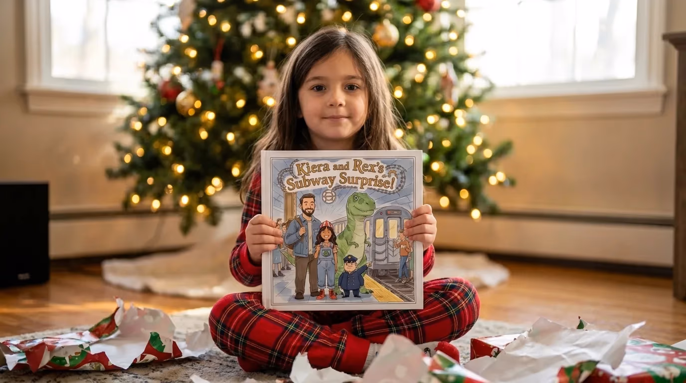A girl in plaid pajamas by the Christmas tree holding up her personalized Christmas book