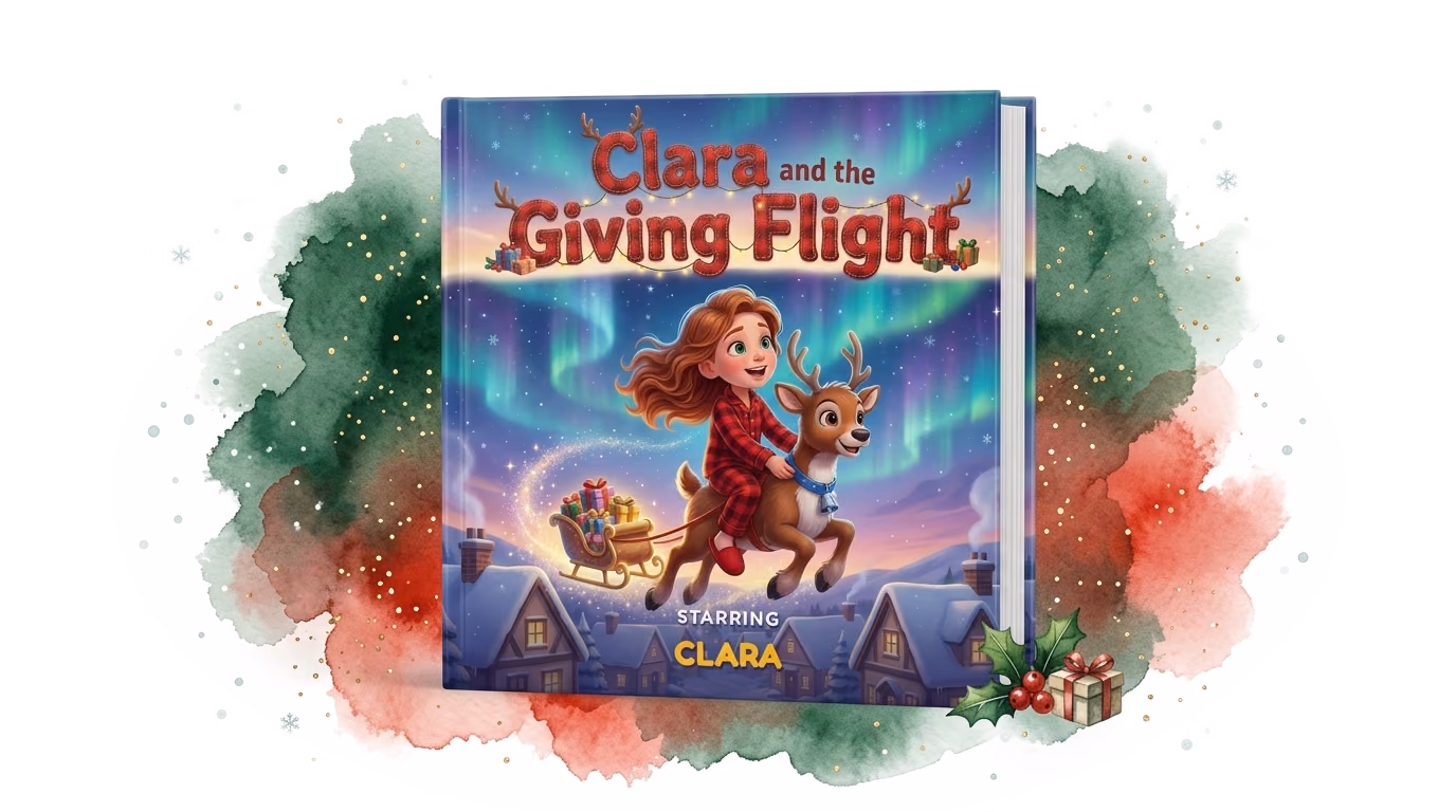 Clara and the Giving Flight, a real personalized Christmas hardcover made with Story Genie