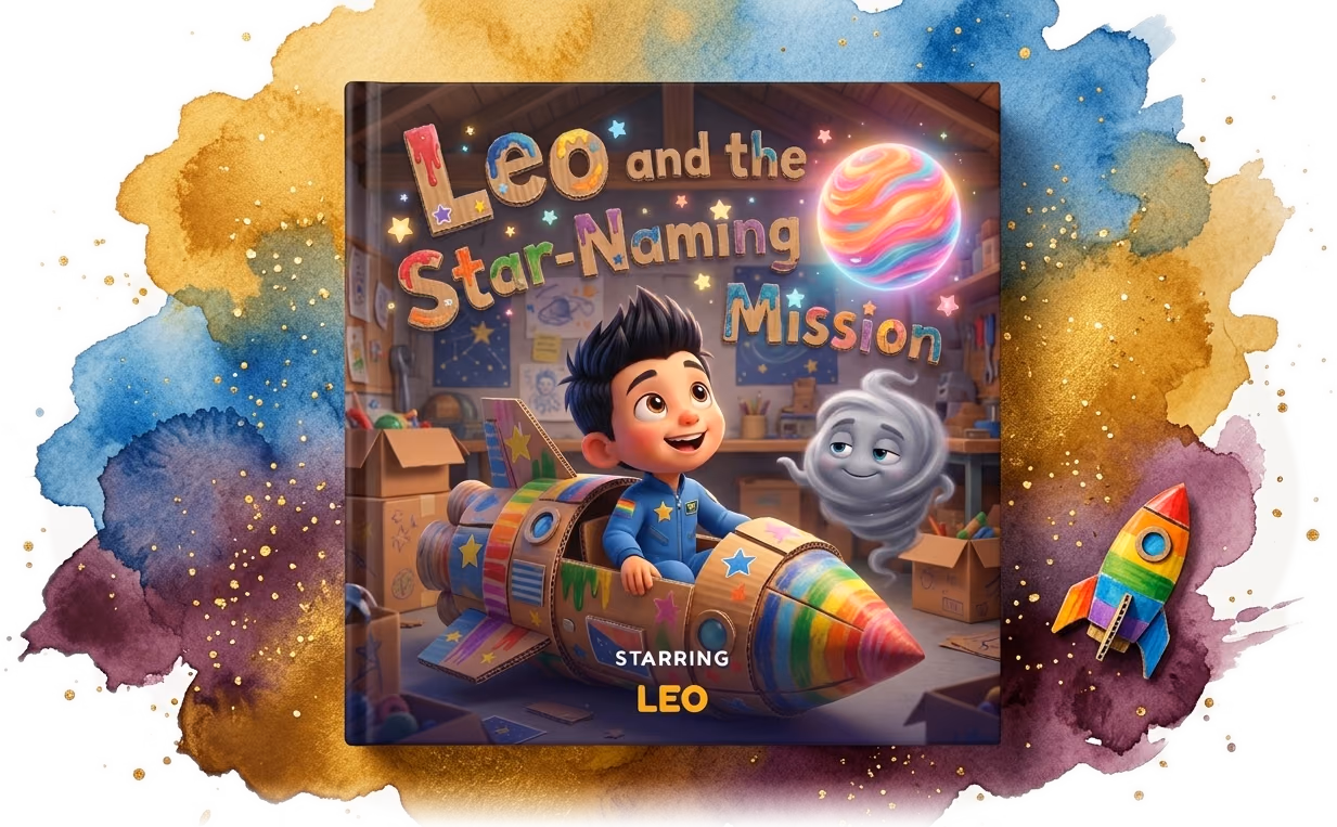 Leo and the Star-Naming Mission, a real personalized custom hardcover made with Story Genie