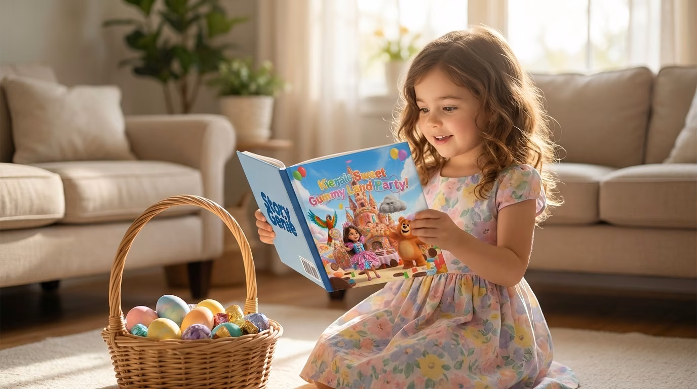 A girl in a spring dress reading the personalized book found in her Easter basket