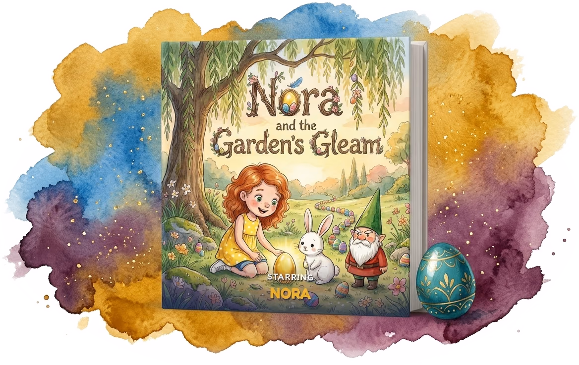 Nora and the Garden's Gleam, a real personalized Easter hardcover made with Story Genie
