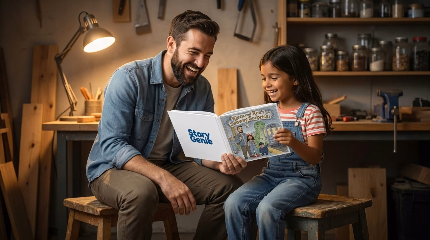 A father and daughter in the workshop laughing over her personalized book