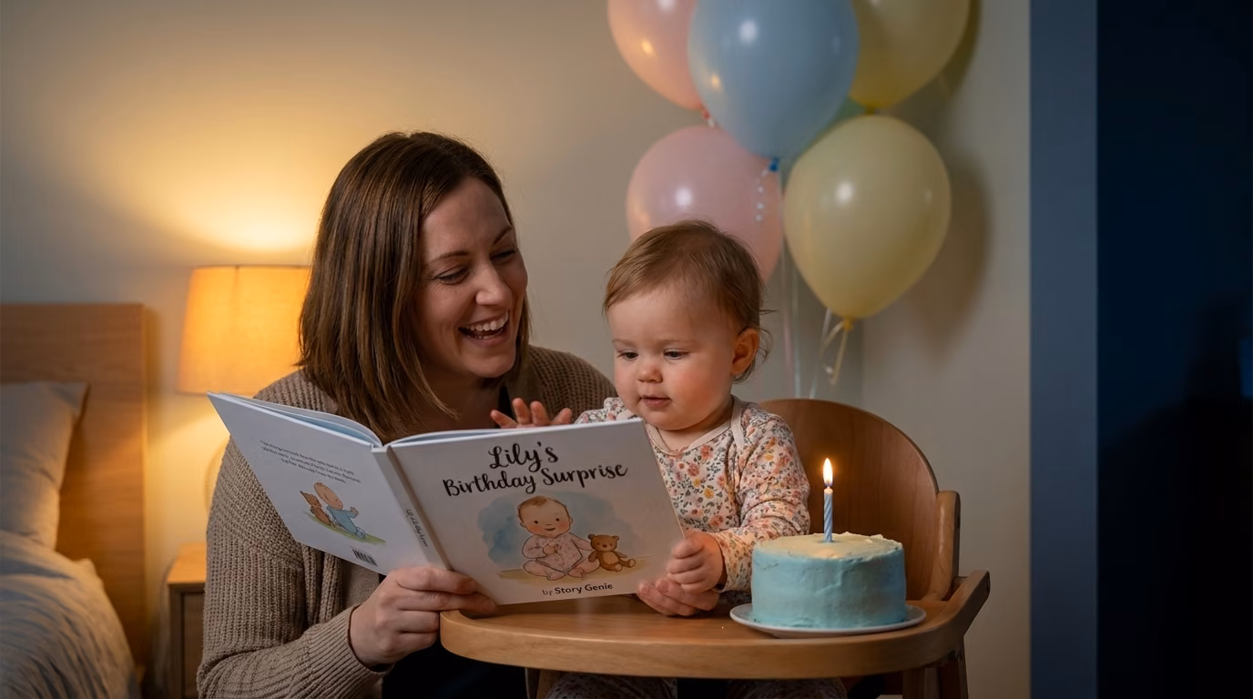 A mother and her one-year-old in a high chair with her first birthday book and smash cake