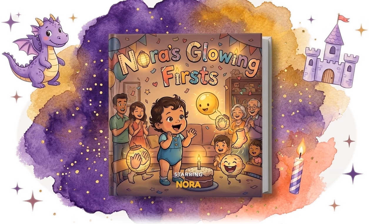 Nora's Glowing Firsts, a real personalized first-birthday hardcover made with Story Genie