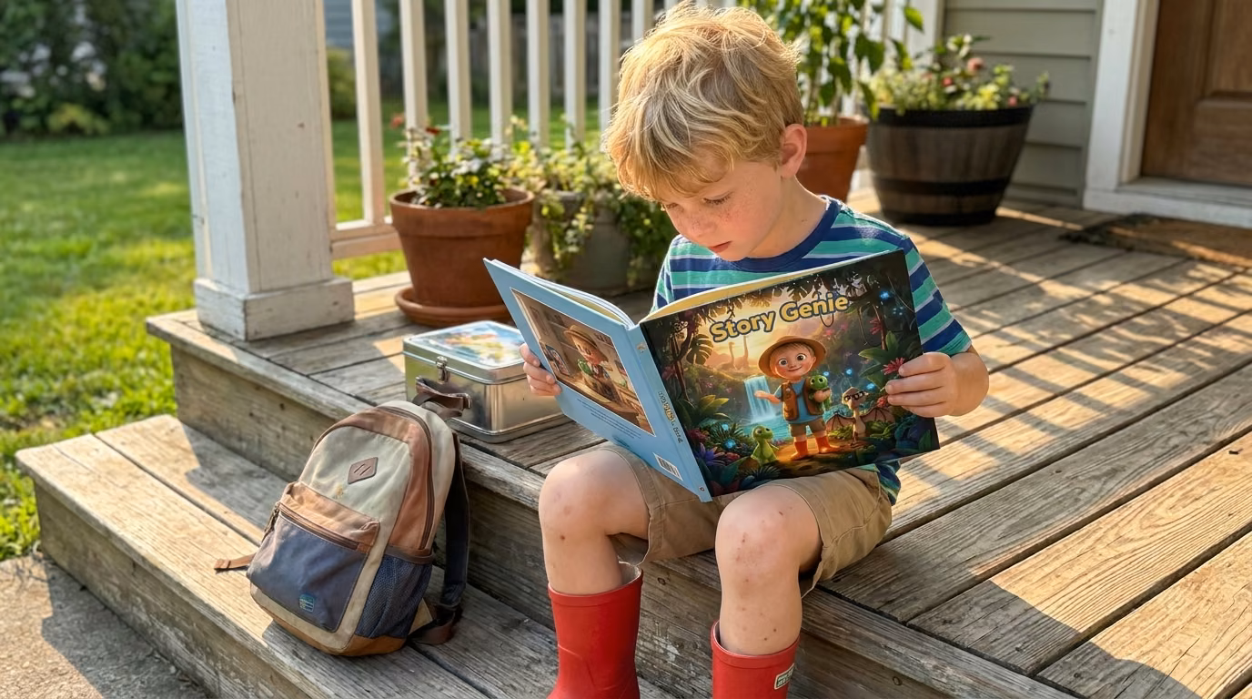 A child with a backpack reading their personalized back to school book on the steps outside school