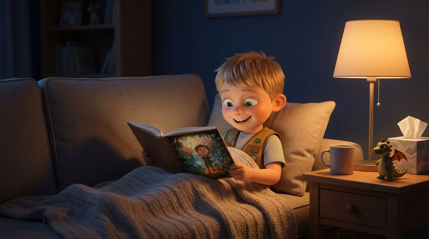 A boy home sick on the couch grinning at his personalized get-well book