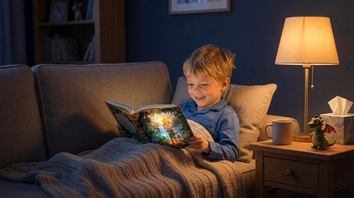 A boy home sick on the couch grinning at his personalized get-well book