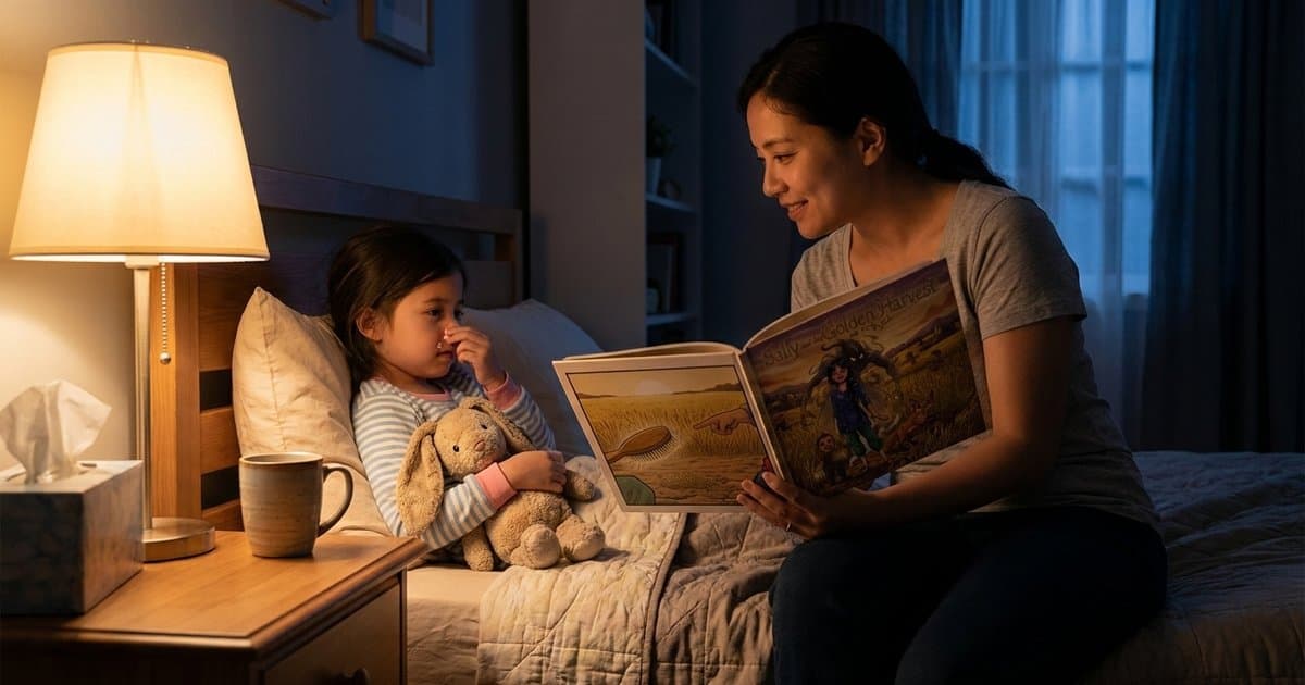 A parent and a young child sit together on a comfy couch, happily reading a picture book together.