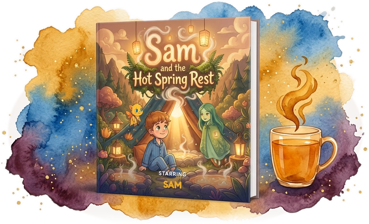 Sam and the Hot Spring Rest, a real personalized get-well hardcover made with Story Genie