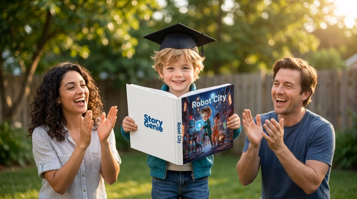 A boy in a graduation cap holding up his personalized book while his parents clap