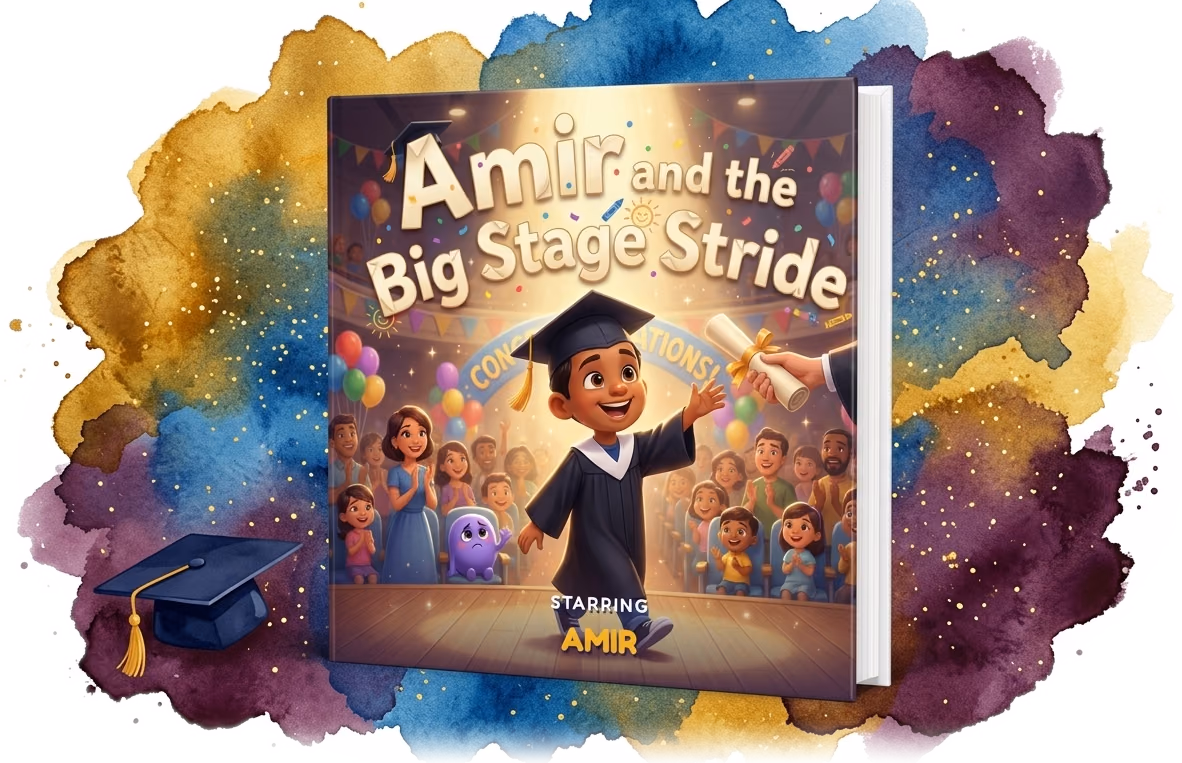 Amir and the Big Stage Stride, a real personalized graduation hardcover made with Story Genie