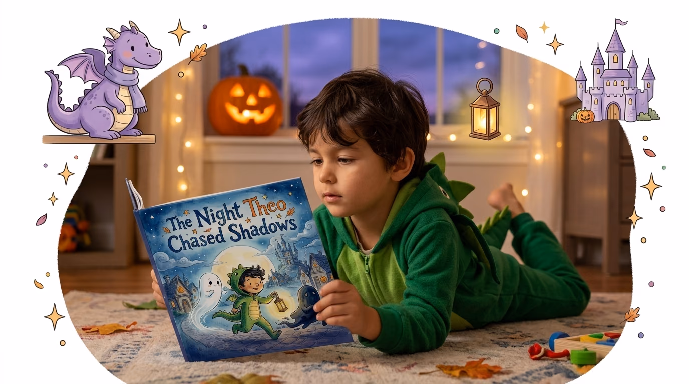 A boy in his dragon costume reading his personalized Halloween book beside a glowing jack-o'-lantern