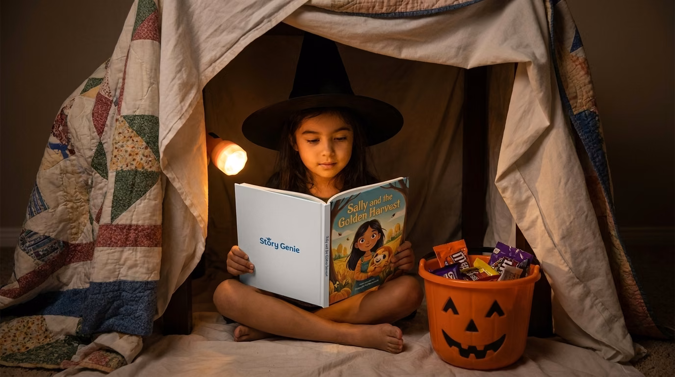 A girl in a witch hat reading her personalized Halloween book in a blanket fort