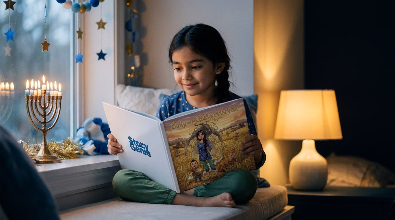 A girl reading her personalized book beside a lit menorah in the window