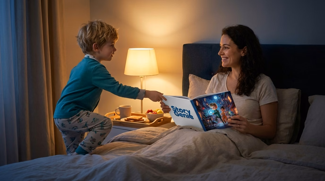 A boy bringing his mother breakfast in bed with the personalized book she stars in