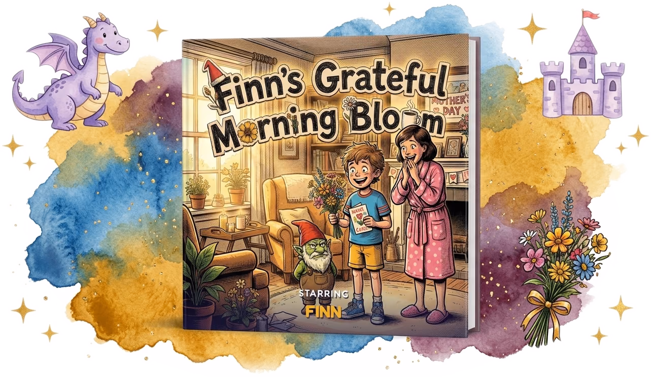 Finn's Grateful Morning Bloom, a real personalized Mother's Day hardcover made with Story Genie