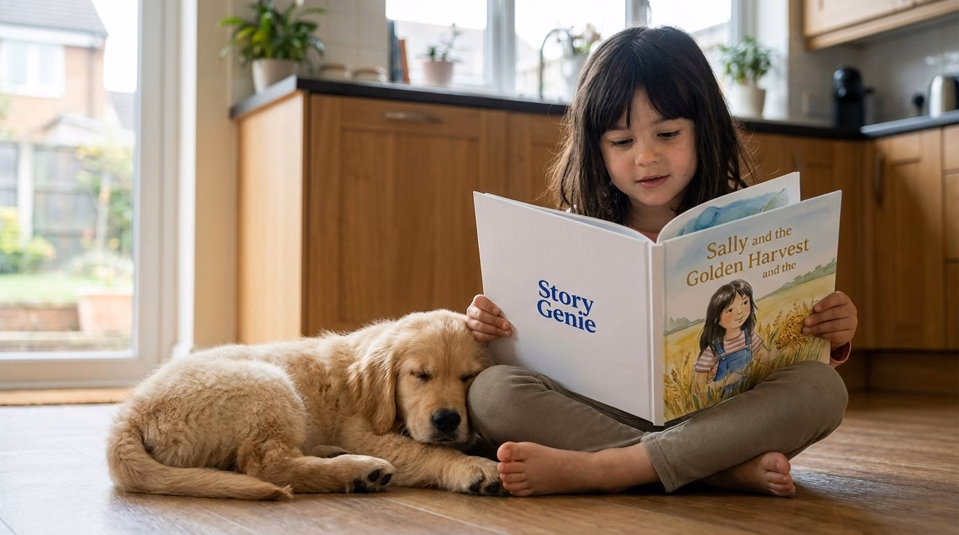 A girl on the kitchen floor reading her personalized book with her new puppy