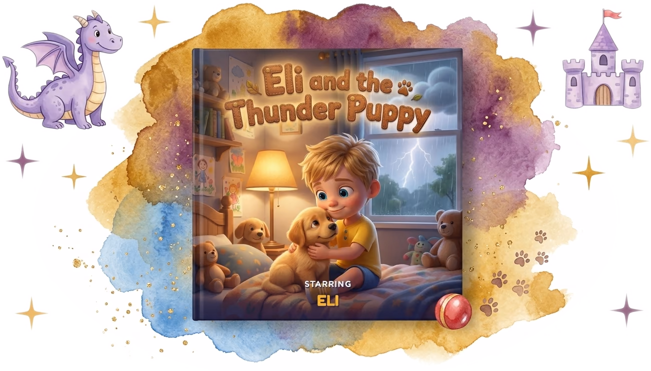 Eli and the Thunder Puppy, a real personalized new-pet hardcover made with Story Genie