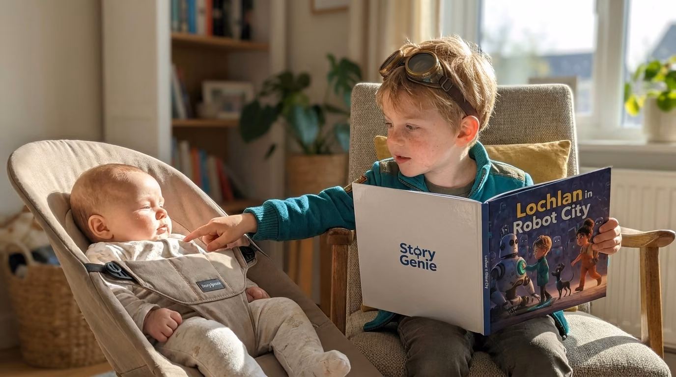 A big brother reading his personalized book aloud to his baby sibling