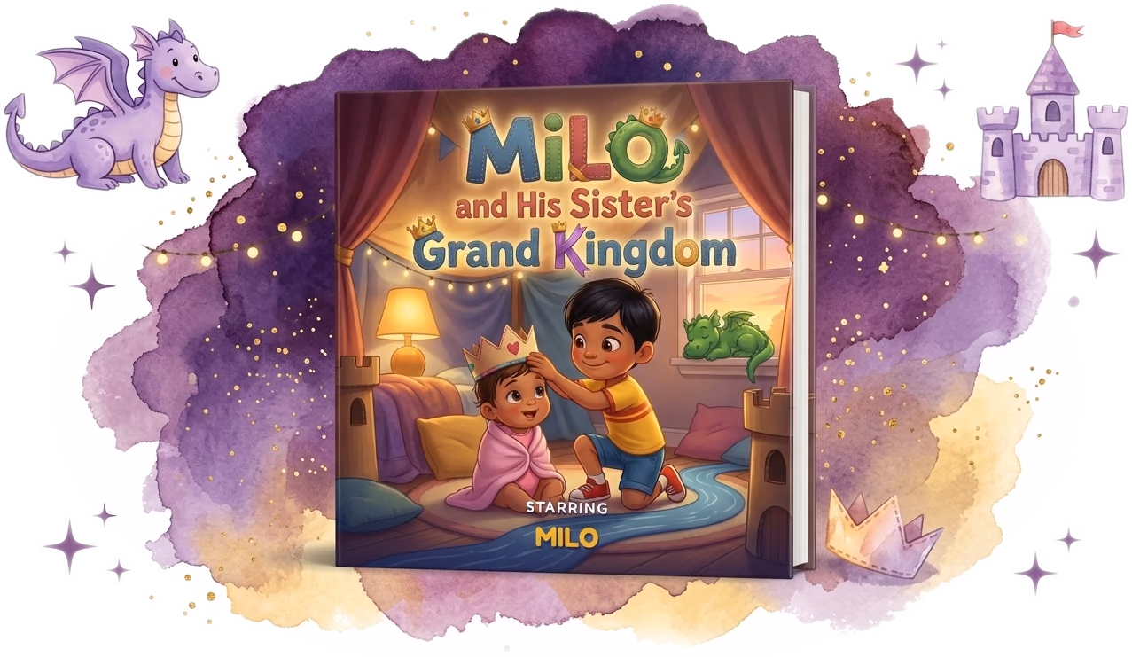 Milo and His Sister's Grand Kingdom, a real personalized big-sibling hardcover made with Story Genie