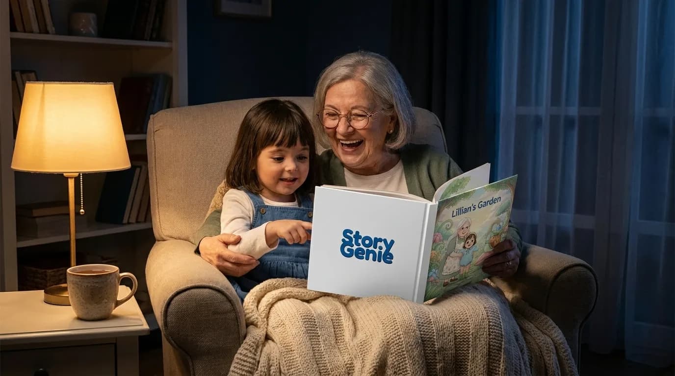 A grandmother and her granddaughter laughing together in an armchair over a personalized Story Genie book