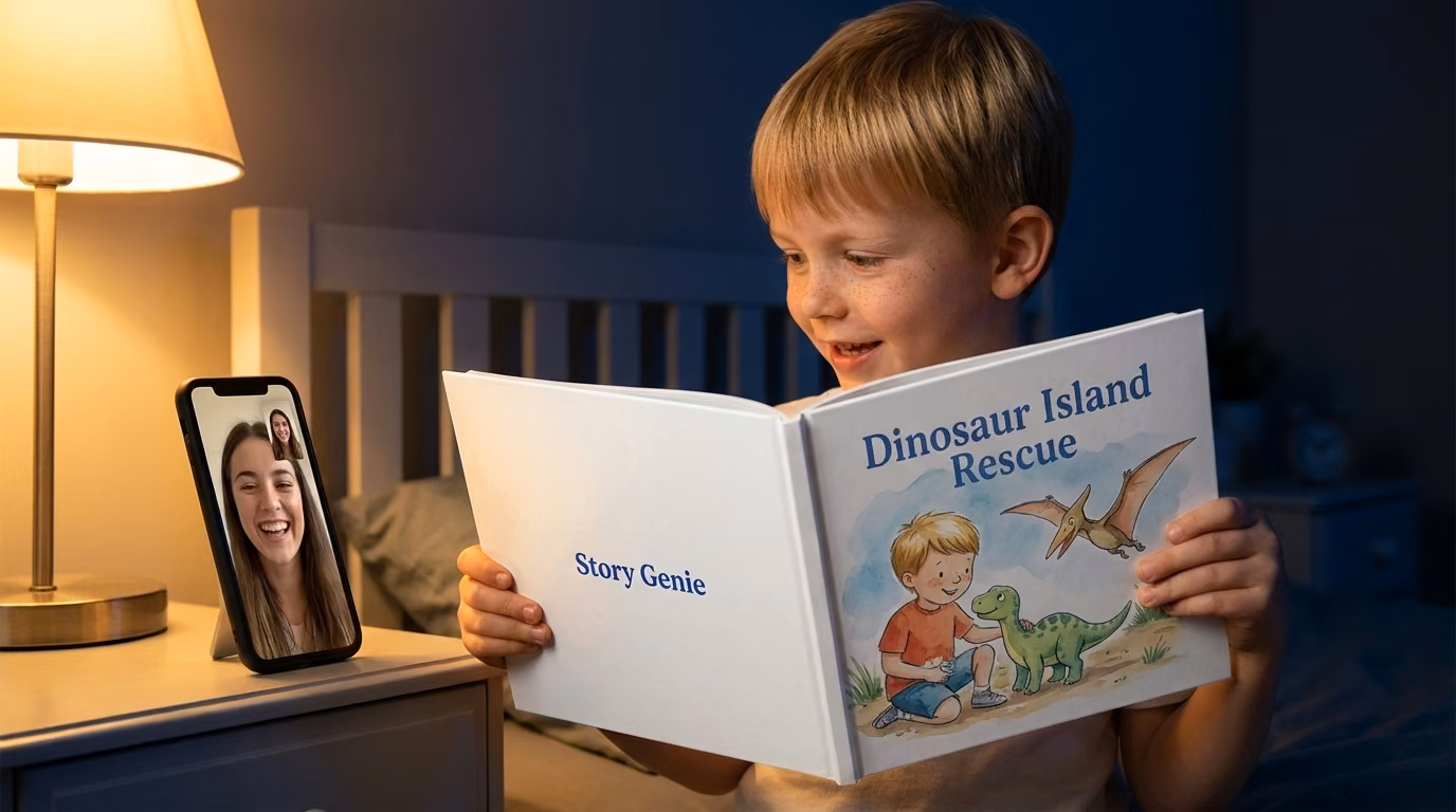 A nephew holding his personalized book up to a video call with his aunt