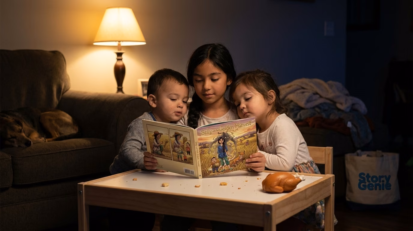 A girl reading her personalized book to cousins at the Thanksgiving kids' table