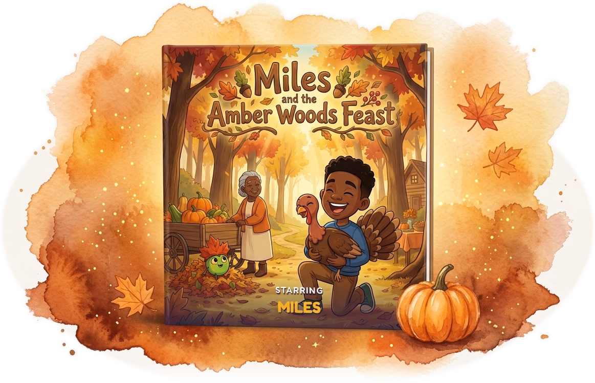 Miles and the Amber Woods Feast, a real personalized Thanksgiving hardcover made with Story Genie