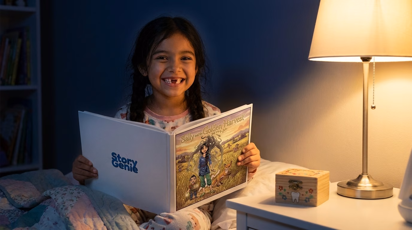 A gap-toothed girl in bed grinning over her personalized tooth fairy book