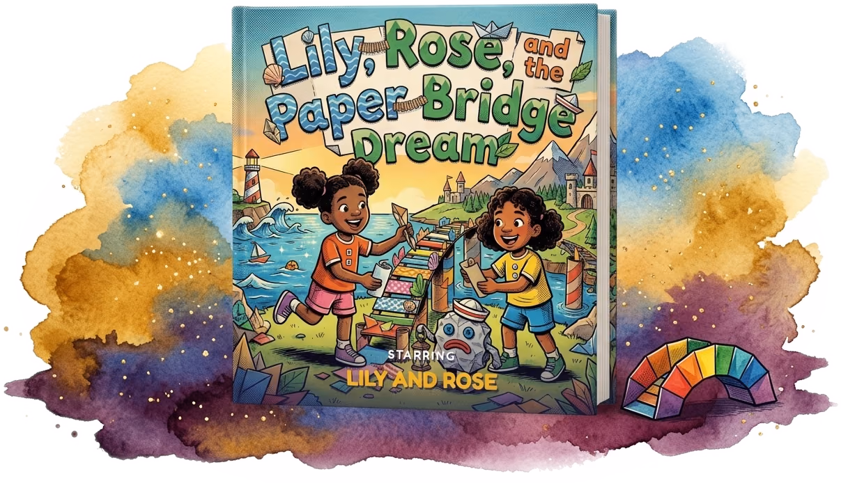 Lily, Rose, and the Paper Bridge Dream, a real personalized twins hardcover made with Story Genie