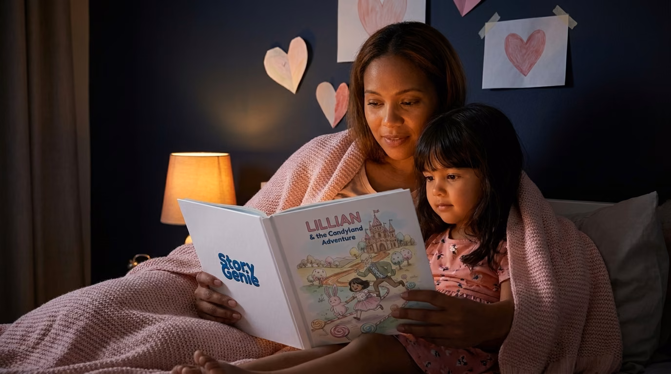 A mother and daughter under a pink blanket reading a personalized Valentine's book