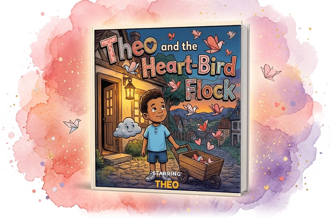 Theo and the Heart-Bird Flock, a real personalized Valentine's hardcover made with Story Genie