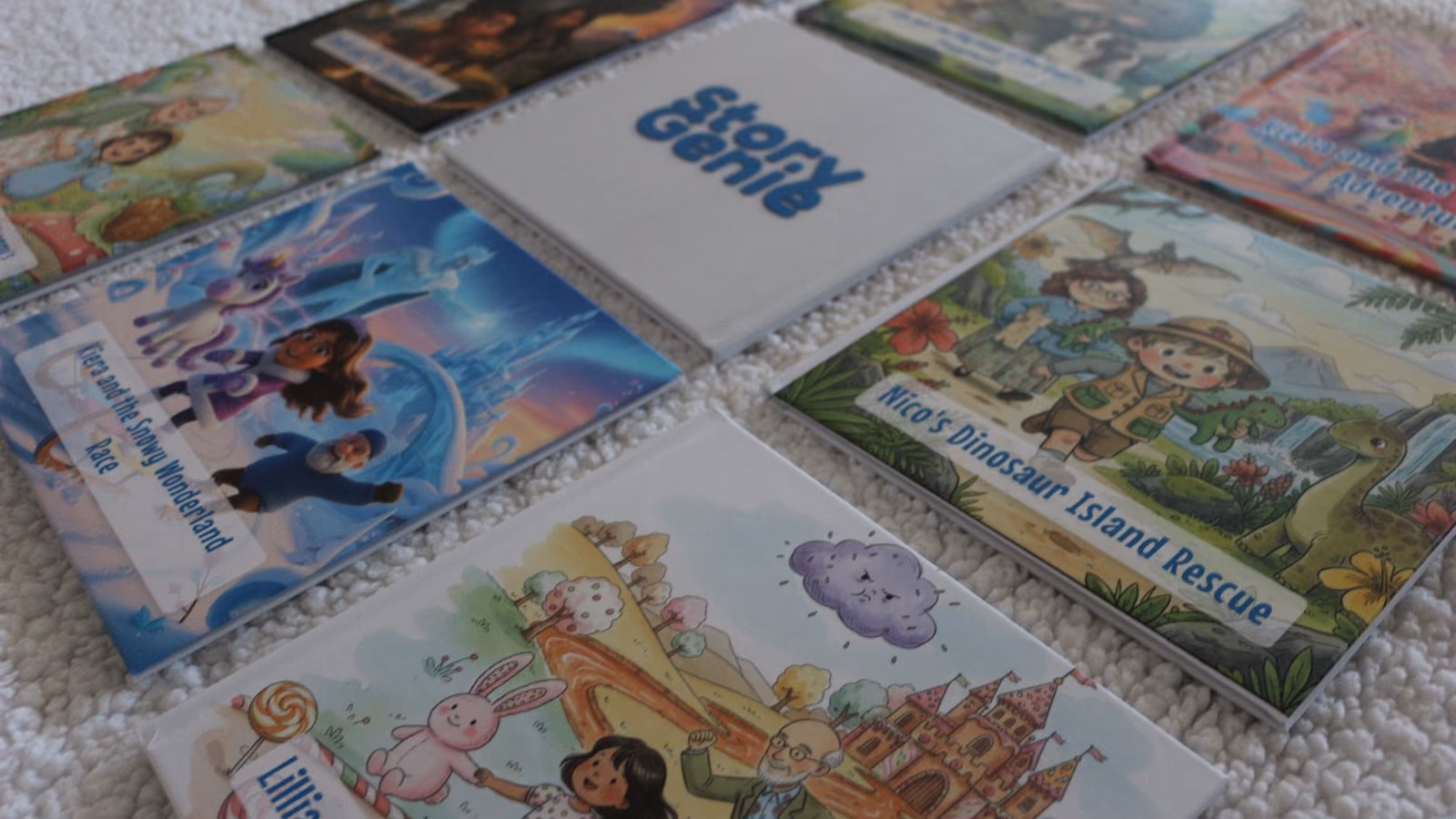 A collection of personalized hardcover books for kids across different art styles and stories