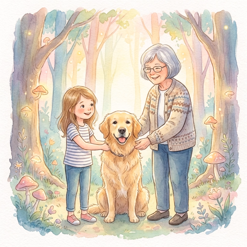 A book page illustrating the same child, dog, and grandma together