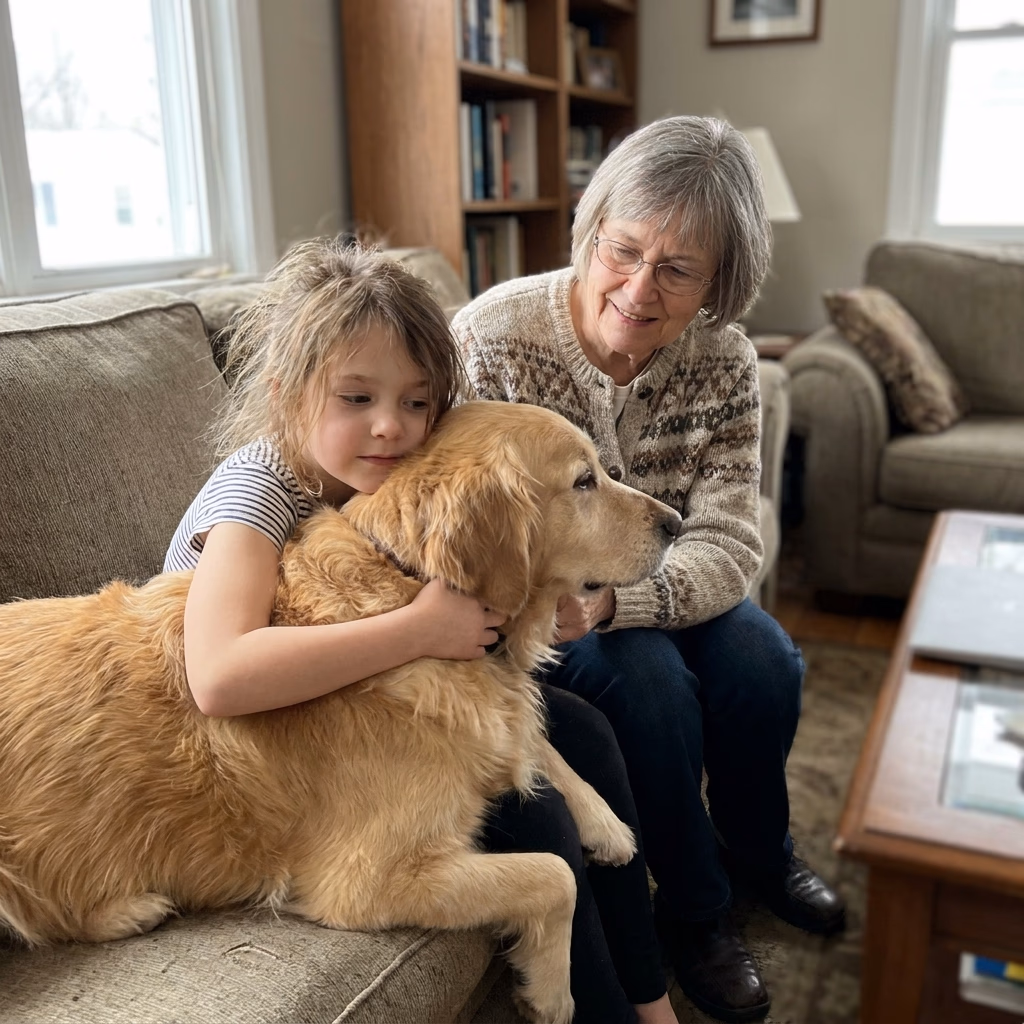 One uploaded family photo: a child, their dog, and grandma