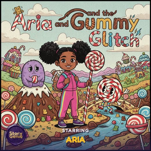 Aria and the Gummy Glitch, a personalized Story Genie book starring Aria