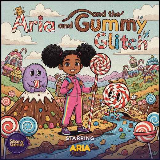 Aria and the Gummy Glitch, a personalized Story Genie book starring Aria