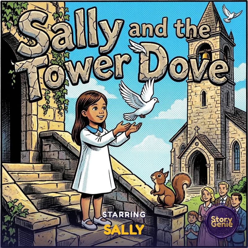 Sally and the Tower Dove, a real comic-style baptism book cover made with Story Genie